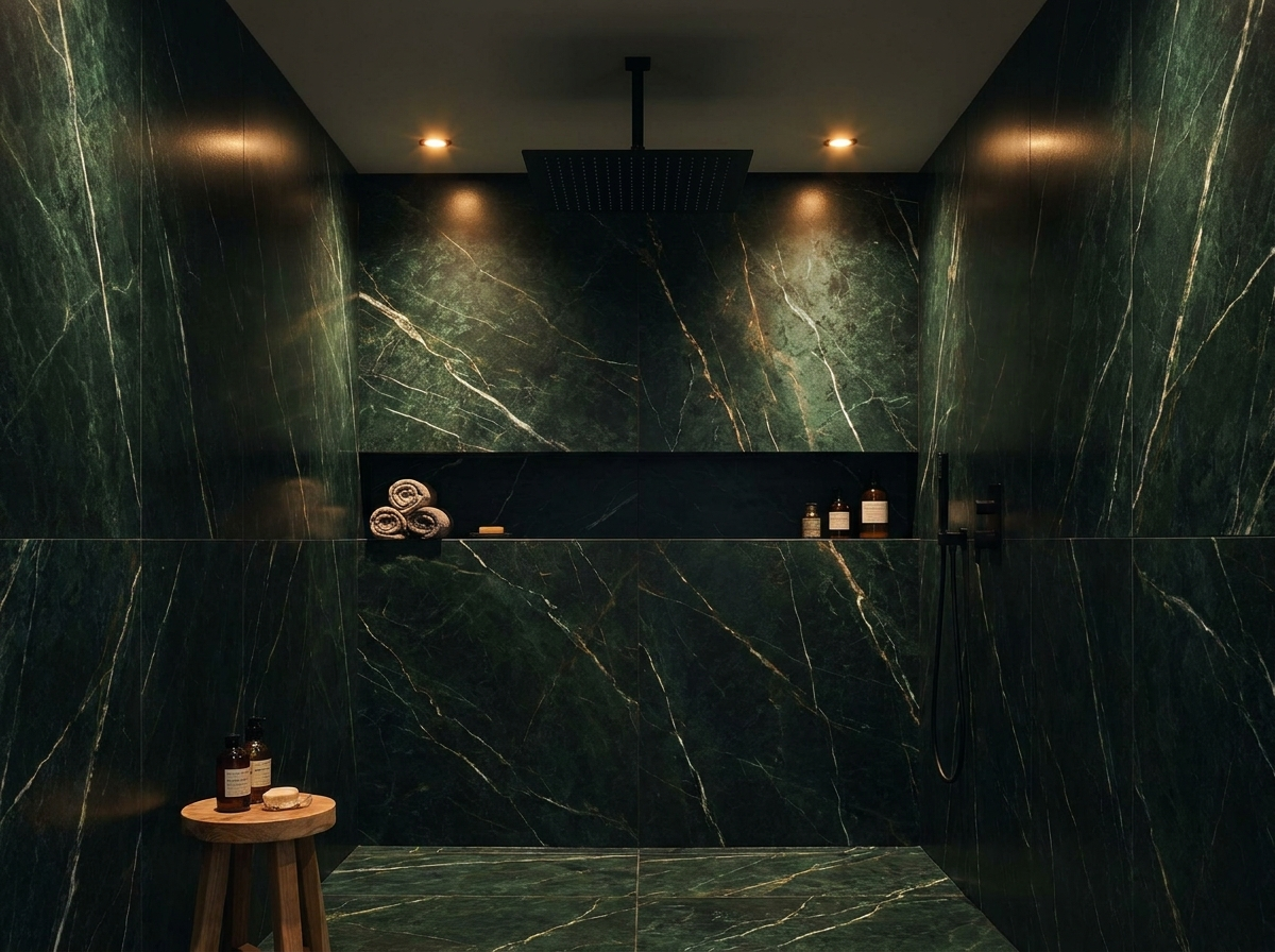 Walk-in-Dusche in grünem Marmor